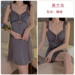 Guiruo satin patchwork lace sheer sexy backless and padded pajama gown women's home set J3123