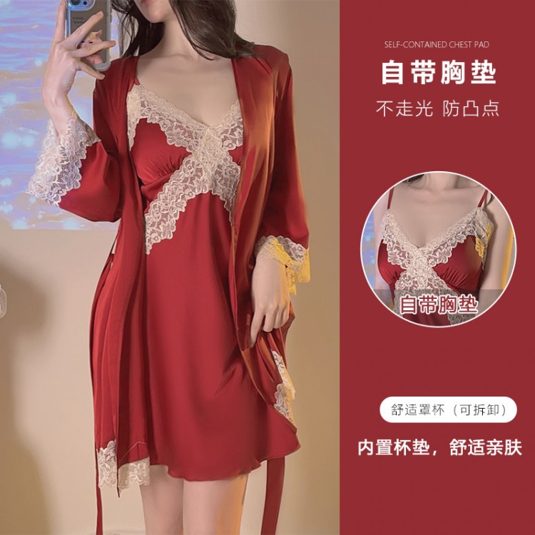 Ruo Ruo Solid Satin Cross Lace Sexy Plus Chest Cushion Suspender Sleeping Dress Simple Outer Robe Women's Home Set 3789