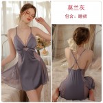 Guiruo Sexy Satin Patchwork with Transparent Lace Chest Pads Cross Back Seduction Sleeping Skirt Outer Robe Home Set 3337