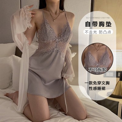 Guiruo Summer Sexy Backless Temptation Lace Perspective with Chest Pads Gathered Strap Sleeping Dress Outer Robe Home Furnishing 3660