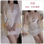 Guiruo Solid Satin Sexy High Split Stacked Collar Open Back Suspended Sleeping Dress Open Front Outer Robe Home Set 2063