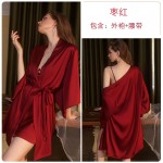 Guiruo Sexy Satin Seduction Lace Splice Deep V Steel Ring Sleeping Dress Casual Outrobe Women's Home Furnishing Set 1701