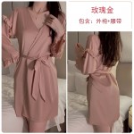 Ruo Ruo Satin Deep V Open Back Seduction Sweet Lace Hanging Sleeping Dress Lace up Outer Robe Women's Home Set 2199