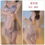 Guiruo Summer Sexy Mesh Perspective Temptation with Chest Cushion Ice Silk Sling Sleeping Dress Outer Robe Home Fur Set 3226