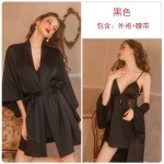 Guiruo Brand's New Lace Perspective Deep V Pajamas Bridal Lace Up Morning Robe Hanging Dress Home Suit Set 1690