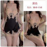 Ruo Ruo Solid Satin Patch Embroidery Lace Deep V Lace Attraction Pure Desire Sling Sleeping Dress Outer Robe Home Suit 966