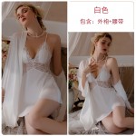 Ruo Ruo Satin Lace Perspective and Chest Cushion Deep V Pure Desire Hollow out Temptation Sleeping Dress Outer Robe Home Suit Set 3660