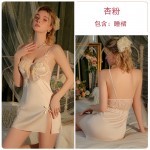 Guiruo Sexy Perspective Lace and Chest Cushion Steel Ring Gathering Satin Sleeping Dress Mesh Outer Robe Home Suit Set 3452