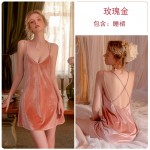 Guiruo Brand Sexy Solid Color Velvet Comfortable and Temptation Open Back Suspended Sleeping Dress Outer Robe Home Fur Set 2820