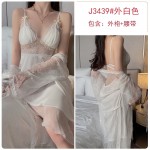 Guiruo Sexy Backless Temptation with Chest Pads Gathered Strap Sleeping Dress Pure Desire Mesh Outer Robe Home Suit Set 3372