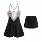 Guiruo Spring/Summer Solid Color Girls' Pajamas Lace Perspective Temptation Satin Suspender Shorts Home Suit Set 2196