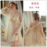 Guiruo Brand Sexy Ice Silk Pure Desire Chest Cushion Gathered Strap Sleeping Dress Mesh Outer Robe Women's Home Fur Set 3168