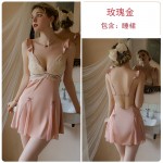 Guiruo Spring/Summer Solid Color Pajamas with Chest Pads Gathered Embroidery Hanging Pajama Dress Lace up Outer Robe Home Furnishing Set 2387