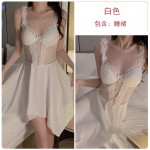 Guiruo French Lace Perspective Mesh Deep V Temptation with Chest Cushion Satin Nightgown Outrobe Home Suit Set J3134