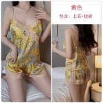 Guiruo Sexy V-neck Satin Patch Lace and Chest Pads Rural Fragmented Flower Suspender Top and Shorts Women's Set 3749