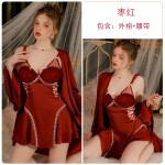 Guiruo Satin Collage Perspective Deep V with Chest Cushion Pure Desire Lace Sleeping Dress Comfortable Outer Robe Home Suit Set 3248