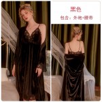 Qiruo Brand Autumn and Winter Velvet Lace Sexy Deep V Chest Cushion Suspender Sleeping Dress Women's French Home Fur Set J2823