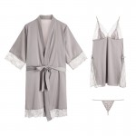 Guiruo brand satin patchwork lace cardigan with middle sleeve tie up pajamas, bathrobes, women's home clothing set, hair on behalf of 245