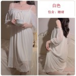 Guiruo Princess Style Soft Mesh Sweet Lace Loose and Comfortable Sling Sleeping Dress Outer Robe Home Suit Set 2373