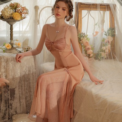 Guiruo Brand's Simple and Comfortable Satin Deep V Lace Chest Cushion Sexy Long Sleeping Dress Temptation Home Sleeping Dress J2792