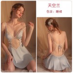 Guiruo Brand Sexy Lace Perspective Temptation Pajamas Backless Bow Strap Sleepwear Home Suit Set 1667