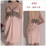 Guiruo Spring/Summer New Sexy Deep V Satin Splice Mesh Embroidery Hanging Strap Nightwear Home Suit Set Issued on behalf of 252