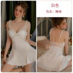 Guiruo Satin Collage Perspective Deep V with Chest Cushion Pure Desire Lace Sleeping Dress Comfortable Outer Robe Home Suit Set 3248