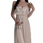 Ruo Ruo Light Luxury Style Sexy Open Back Feather Pearl Slim Fit Slim and Long Style Hanging Strap Home Nightwear Set P3202