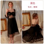 Guiruo Sexy Mesh Lace Splice Deep V with Chest Cushion Suspender Sleeping Dress Comfortable Outer Robe Home Suit Set 2983