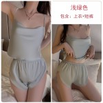 Guiruo Summer Ice Silk Pajamas Swinging Neck Simple Sling Shorts Mesh Outer Robe High Grade Home Fury Set 3588