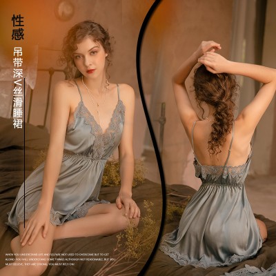 Guiruo Brand's New European and American Women's Sexy Hanging Strap Deep V Satin Nightwear Solid Lace Nightwear Homewear 267