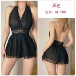 Guiruo Deep V Pleated Open Back Design Perspective Double Layer Mesh Skirt Sexy Hanging Neck Sleeping Dress Home Suit 630