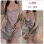 Guiruo Sexy Backless Temptation Ice Silk Pajamas Simple Sling Sleeping Dress Lace up Outer Robe Women's Home Furnishing Set 1910