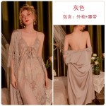 Guiruo Brand Sexy Lace Perspective Deep V Suspended Sleeping Dress Lace Loose Outer Robe Large Homewear Set 311