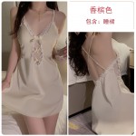 Guiruo Lingerie Satin Perspective Lace and Chest Cushion Cross Back Slim Fit Sleeping Dress Outer Robe Home Suit Set 3616