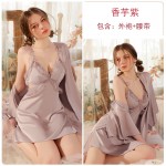 Guiruo Sexy Perspective Lace and Chest Cushion Cross over Open Back Women's Satin Suspended Sleeping Dress Simple Outer Robe Set 3166