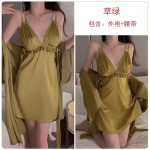 Rose like Spring and Summer Sexy Backless Temptation Ice Silk Solid Color Hanging Pajamas Lace up Outer Robe Women's Home Fur Set 3210