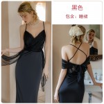 Guiruo New Satin Splice Chiffon Deep V Temptation Chest Cushion Open Back Simple Long Home Suspender Sleeping Dress J3178