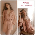 Guiruo Sexy Temptation Lace Open Back V-Neck Smooth Women's Suspender Dress Outer Robe Comfortable Home Suit Set 1690