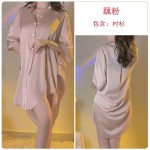 Guiruo Fashion Pleated Shirt Style Lapel Loose and Comfortable Large Boyfriend Style Satin Women's Sleeping Dress Home Suit 3685