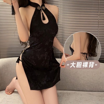 Guiruo Fun Lingerie Retro Standing Neck Plate Buckle Sexy Open Back Double Split Fork Charming Uniform Qipao Dress Set 3070