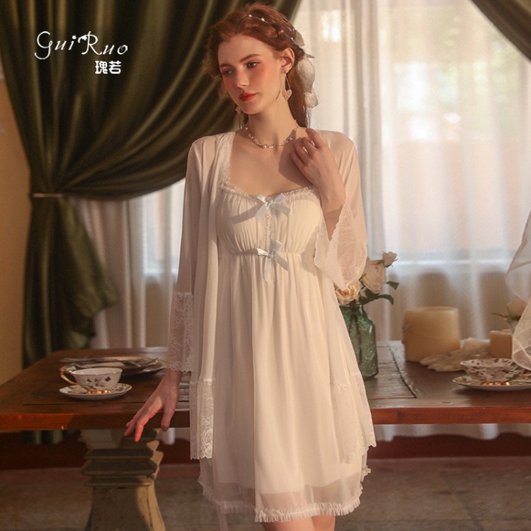 Guiruo Sexy Temptation Mesh Lace Strap Chest Cushion Open Back Suspended Sleeping Dress Casual Outrobe Home Suit Set 2481