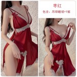 Guiruo Sexy Deep V Low cut Waist Slim Sleepwear Open Back Split Suspended Dress Home Furnished Women's Set Replacement 562