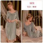 Guiruo Brand Underwear Solid Velvet V-Neck Lace up Sweet Lace Loose fitting Women's Home Fur Sleepwear Dress Q2844