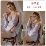 Ruo Ruo Satin Lace Perspective and Chest Cushion Deep V Pure Desire Hollow out Temptation Sleeping Dress Outer Robe Home Suit Set 3660