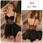 Guiruo satin patchwork yarn perspective lace low cut gathered with chest pad, suspender, nightgown, outerwear, home clothing set 3299