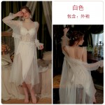 Guiruo Sexy Satin Solid Dark V Open Back Padded Sleeping Dress Comfortable Outer Robe Women's Home Furnishing Set W2799