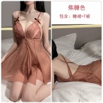 Guiruo Fun Underwear Sexy Perspective Attractive Lace Sweet Bow Knot Pajamas Open Back Suspended Dress Set 1639