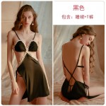 Qiruo Brand Autumn and Winter Fun Underwear Lace Embroidery Pajamas Hollow out Temptation Sling Dress Home Suit Set 1512