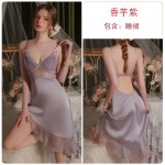 Guiruo Ice Silk Pure Desire Wind Hanging Pajama Dress Sexy Lace Pajamas Women's Thin Sleepgown Home Suit Set 3372